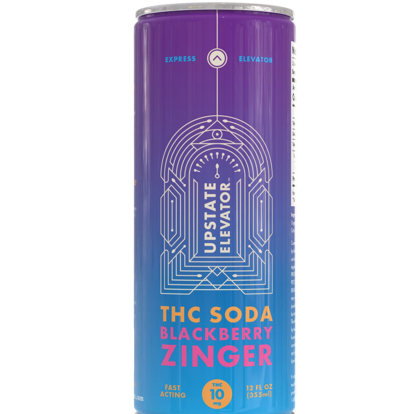 A can of Upstate Elevator Blackberry Zinger THC soda, 10mg