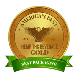 Gold medal with 'America's Best Hemp THC Beverage Gold' and 'Best Packaging' text on a white background