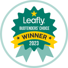 Leafly BudsTenders' Choice Winner 2023 badge with green and yellow design.