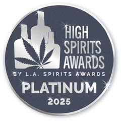 High Spirits Awards by L.A. Spirits Awards Platinum 2025 badge with cannabis leaf and bottles.