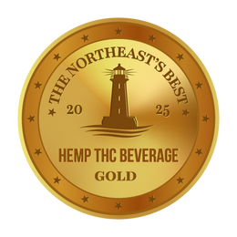 Gold medal with lighthouse design and text 'The Northeast's Best Hemp THC Beverage Gold' on a white background